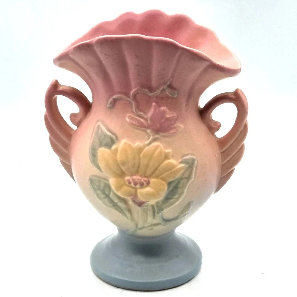 Hull Art Pottery Magnolia‎ Vase Double Handles Pink Yellow Blue  7
